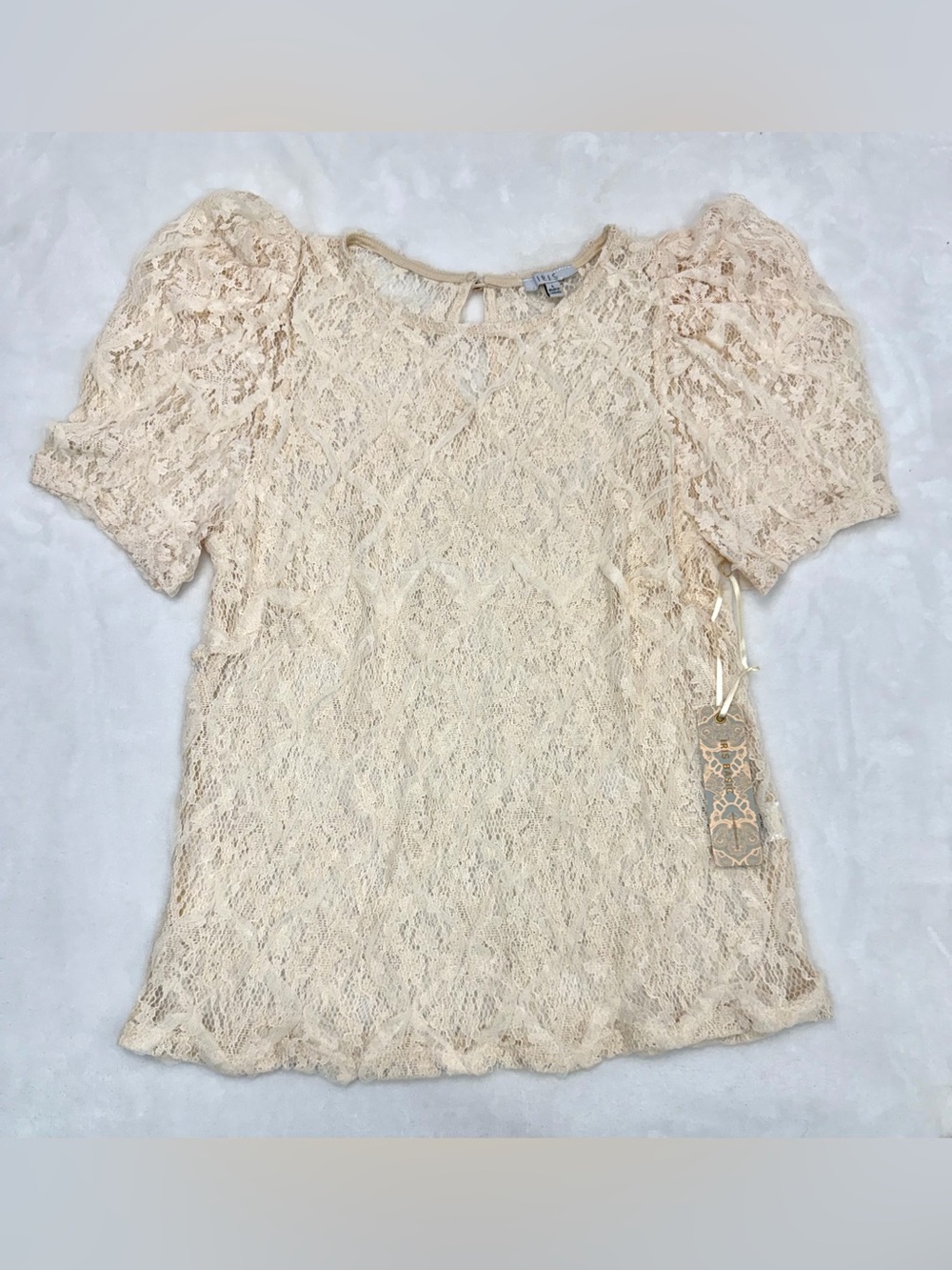NWT IRIS Womens Cream Floral Lace Puff Short Sleeve Top Blouse Size Large